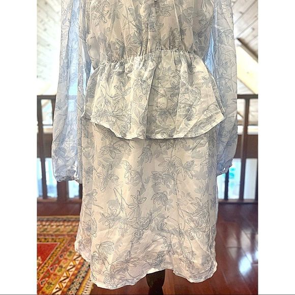 Simplee White & Blue Floral Ruffle Bishop Sleeve Romantic Spring Dress - Picture 8 of 13